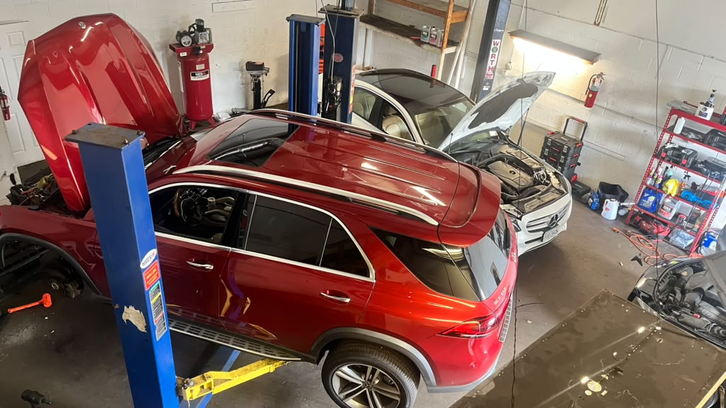 Mercedes SUV on the lift in our service bay