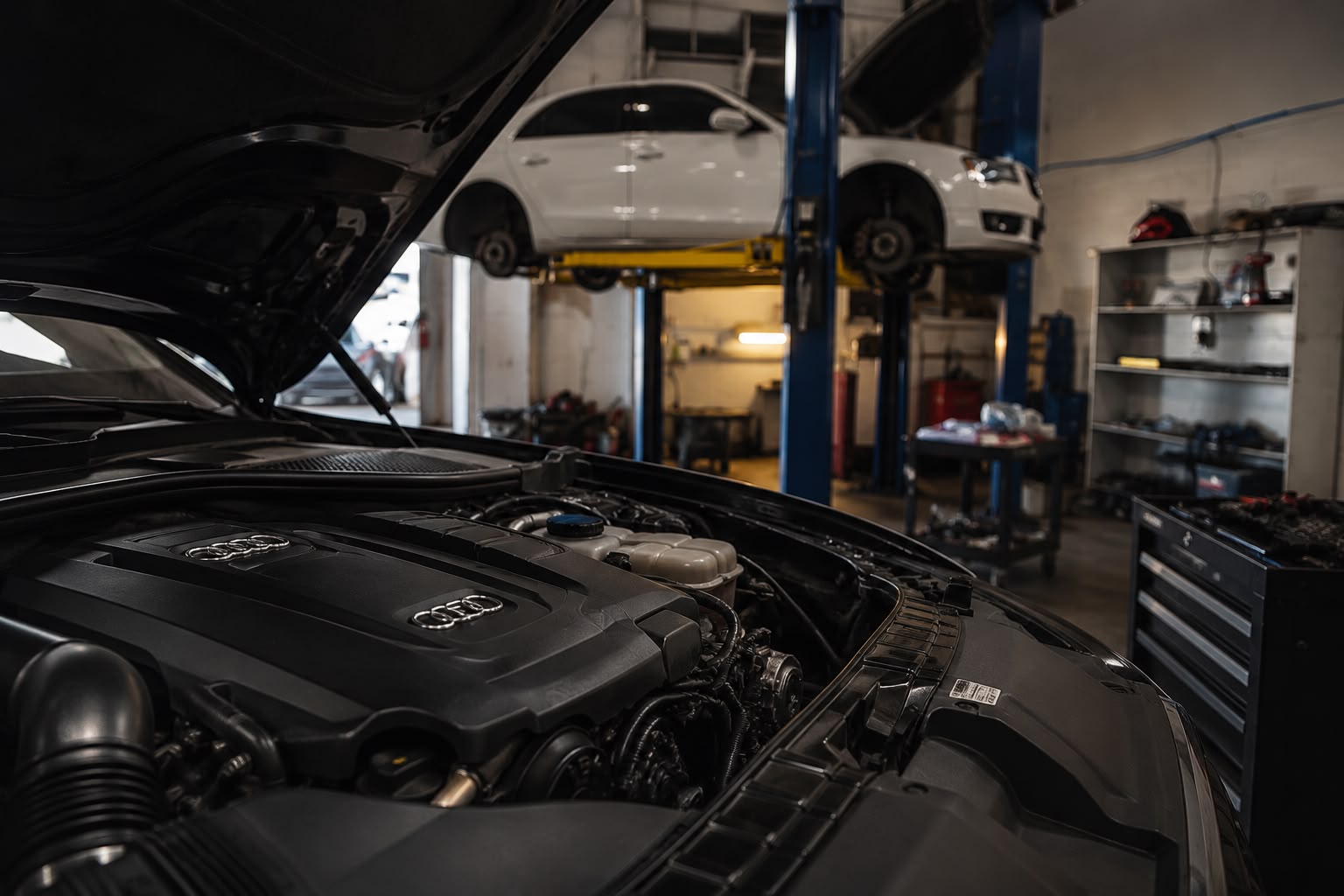 Technician servicing a BMW at Euro Auto Works in Fredericksburg, VA